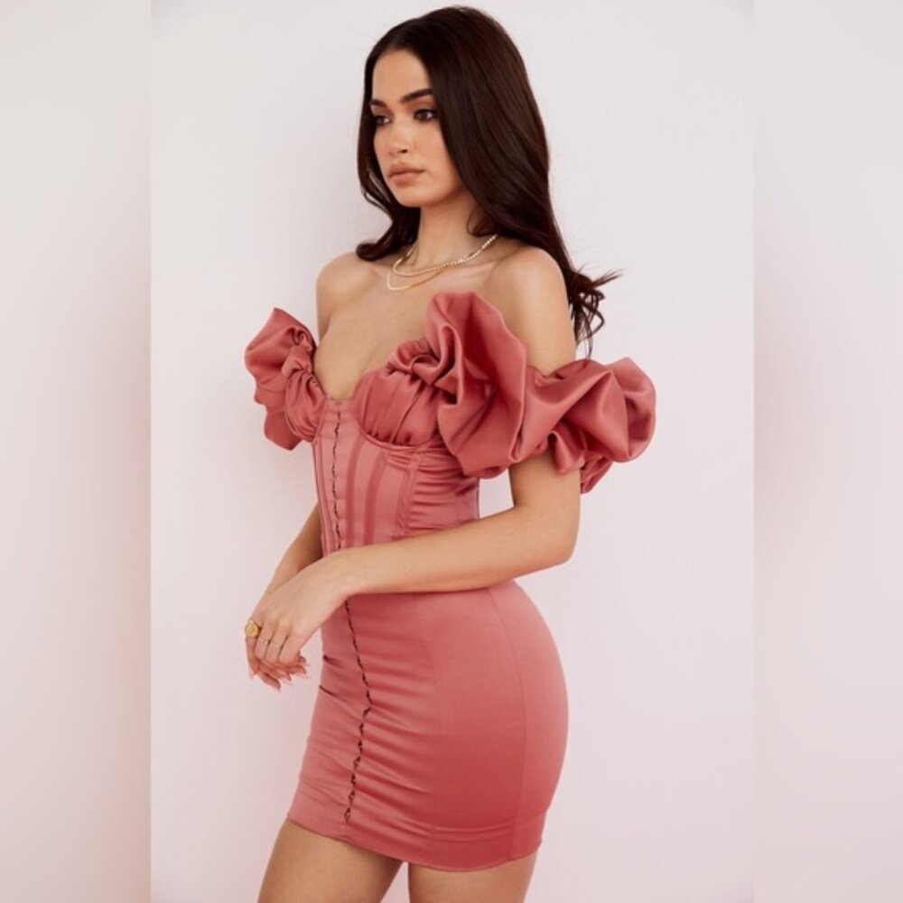 NWT House of CB Annabelle Rose Pink Satin Ruffle Strapless Mini Dress Size M - Picture 10 of 11